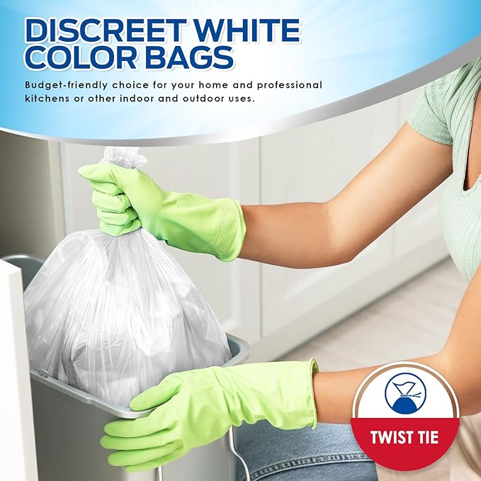 PAMI 13-Gallon Tall Garbage Bags [130-Pack, White] With Twist Ties - Unscented, Odor-Control Trash Can Liners - Strong Multipurpose Plastic Trash Bags For Kitchen, Bathroom, Office