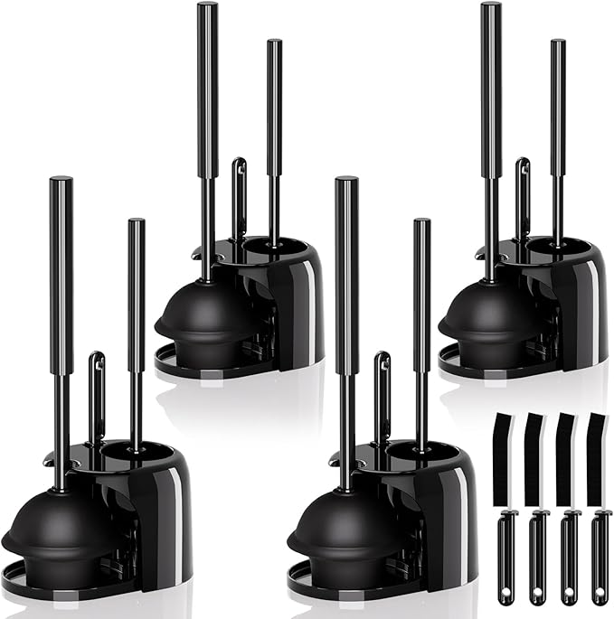 4PACK 3 in 1 Toilet Brush and Plunger Set with Crevice Cleaning Brush, Toilet Plunger and Brush Set with Extra Long Handle, Plungers for Bathroom Accessories, Abrasive Spiral Brushes, Black