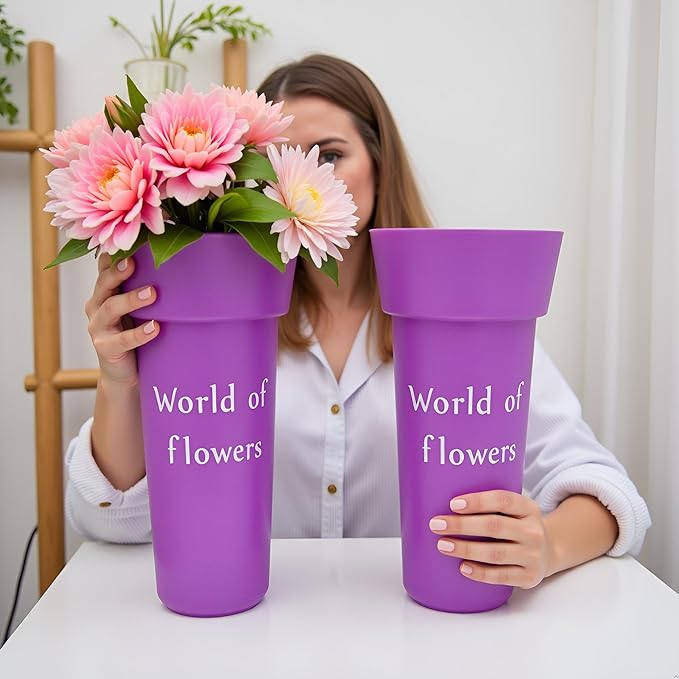 VITAGIR. Set of 6 Buckets for Cut Flowers in Plastic Purple Matte Color 14 Inch, Flower Buckets for Flower Bar Ideal for Displaying Flowers in Florist Shop or as Home. (Purple)