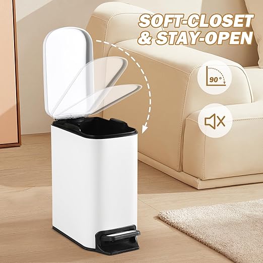 Slim Bathroom Trash Can with Lid Stainless Steel Garbage Can with Removable Inner Bucket Small Wastebasket with Step Pedal for Toilet Office Bedroom (Matte White, 1.8 Gallons)