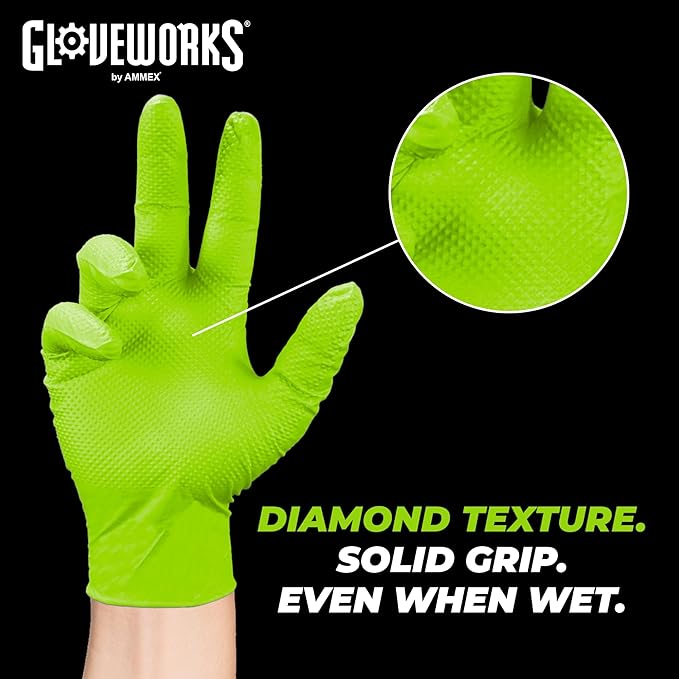 GLOVEWORKS HD Green Nitrile Gloves, 8 mil Nitrile Gloves Medium-XXL Sizes, Nitrile Disposable Gloves with Raised Diamond Grip