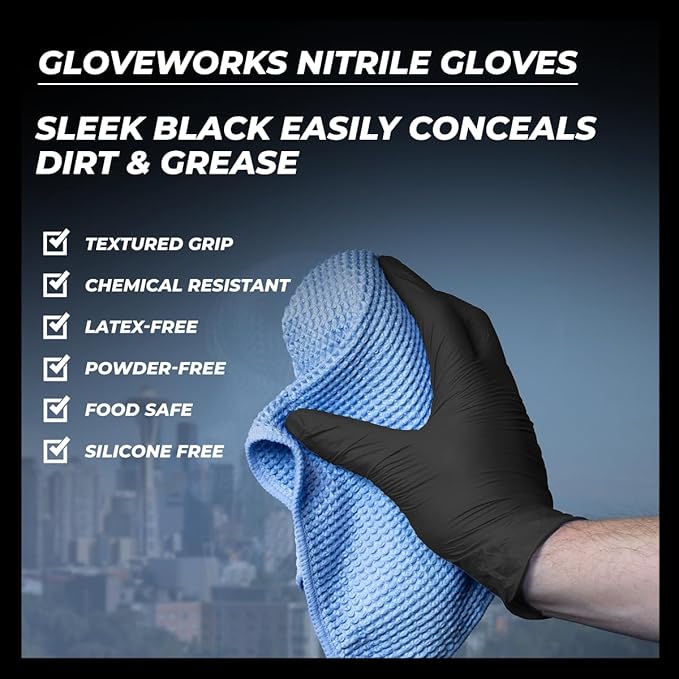 GLOVEWORKS Black Nitrile Gloves Disposable Latex Free, 5 Mil Industrial, For Mechanic, Cleaning, Cooking, Kitchen, Food Grade