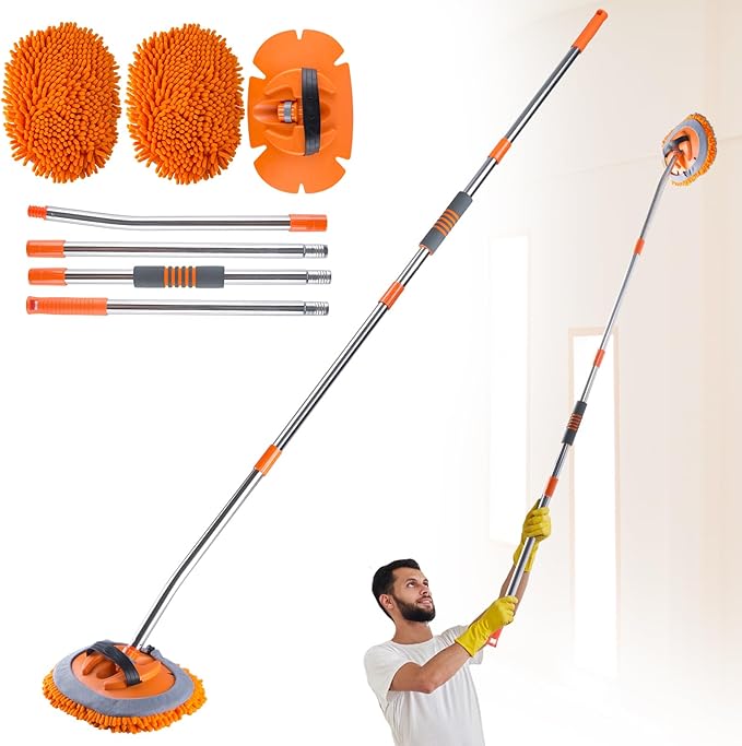 Wall Cleaner Mop with 56” Long Handle,15°Labor-Saving Elbow,Multi-Surface Duster for Painted Walls,Floor,Baseboard & Windows, Includes 2 Replaceable Microfiber Chenille Pads (Orange)