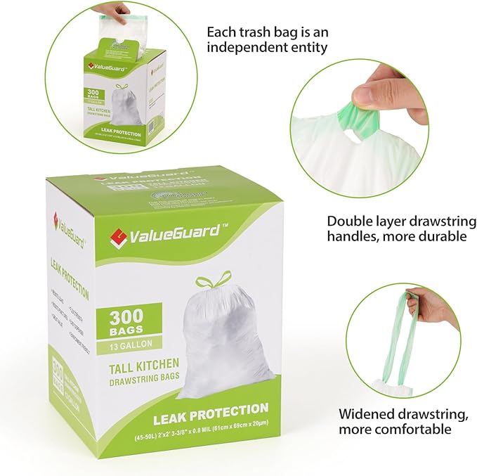 Large Trash Bag 13 Gallon Tall Drawstring 100% Post-Consumer Recycled Garbage Bag Waste Bag for Kitchen Office 0.8 Mil (300 Count)
