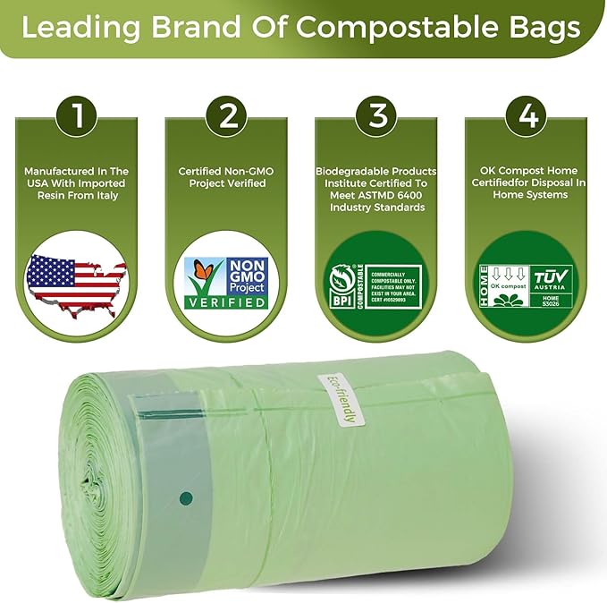 64 Gallon Compostable Trash Bags Flat-Top, Heavy Duty Extra Thick 2 Mil, 242.27 Liter, 12 Bags, Large Lawn and Yard Waste Bag, ASTM D6400, US BPI and OK Compost Home Certified