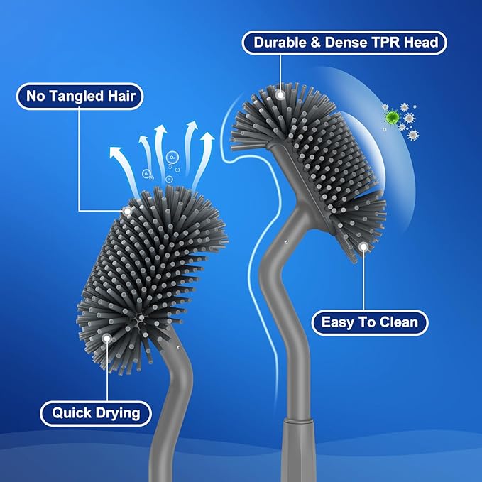 HAMITOR Toilet Bowl Brush Holder Set: Deep Cleaning Silicone Toilet Cleaner Scrubber Under Rim with Curved Bristle for Bathroom Dead Corner Clean - Modern Rv Toilet Decorative Accessories - Gray