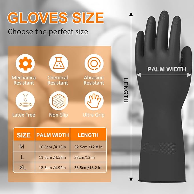 Beieverluck 10 Pairs X-Large Black Chemical Resistant Gloves, Heavy Duty Rubber Cleaning Gloves with Textured Grip and Extended Cuffs