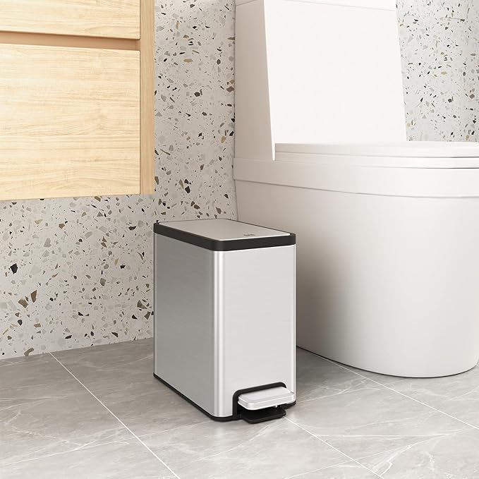 EKO Slim Small Bathroom Trash Can with Lid, Stainless Steel Small Garbage Can with Removable Inner Bucket, 6L / 1.6 Gal, Step On Trash Bin