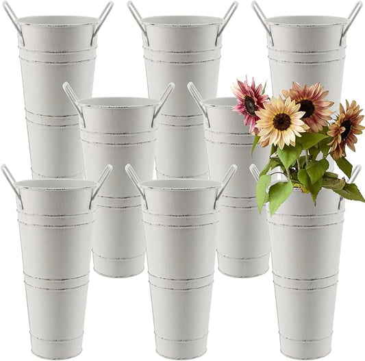 8 Pack 9 Inch Tall Galvanized French Flower Bucket, White Farmhouse Vintage Metal Vases with Handle for Flower Arrangements