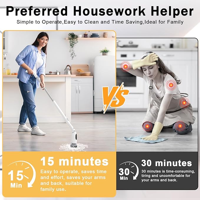 Electric Spin Scrubber, 2025 Upgraded Cordless Bathroom Scrubber, Aluminum Alloy Telescopic Handle, Shower Cleaner Brush with LED Display, 3 Speeds, 8 Brush Heads, IPX7 Bathtub Electric Cleaning Tool