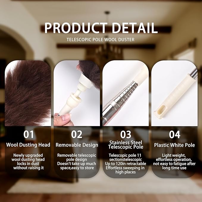 Extendable Lambswool Duster Stainless Steel Handle 133" Removable Feather Duster for Cleaning Ceiling Fans Interior Roof Furniture, Brown