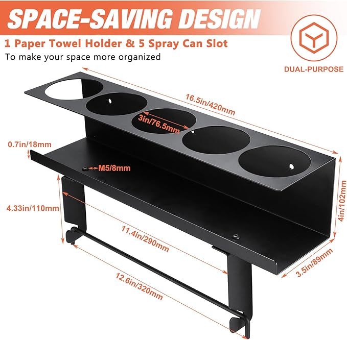 RealPlus Aerosol Spray Can Holder with Paper Towel Holder, 5 Cans Wall-Mounted Heavy-Duty Steel Spray Bottle Holder Rack Organizer for Garage and Workspace, Pack of 3