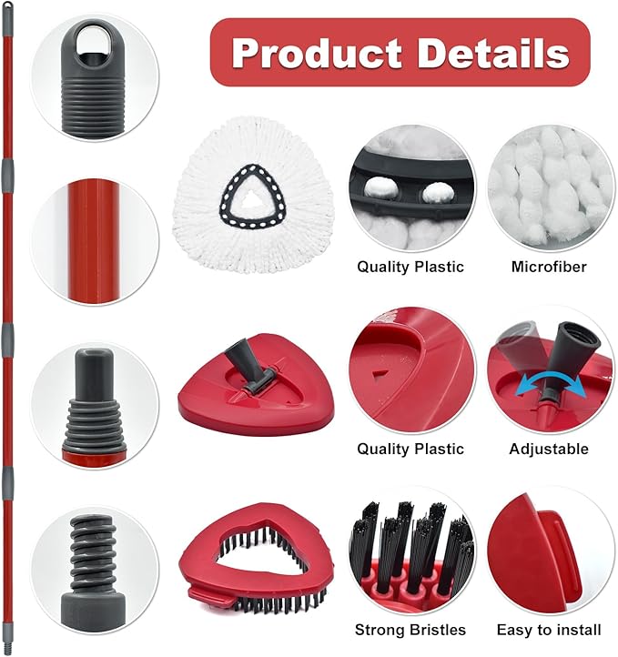 Mop Replace Head Mop Handle for O Cedar Mop, Mop Replacement for Ocedar Spin Mop Includes 2 Mop Heads Replacements 4-Section Mop Handle 1 Mop Base 1 Scrubber Mop Head for O-Cedar Spin Mop