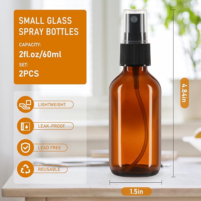 2 oz Glass Spray Bottles with Fine Mist Sprayer 2Pack, 60ml Small Amber Glass Spray Bottles 2 oz for Perfumes,Cleaning Products,Pet Spray (2fl.oz, Set of 2)