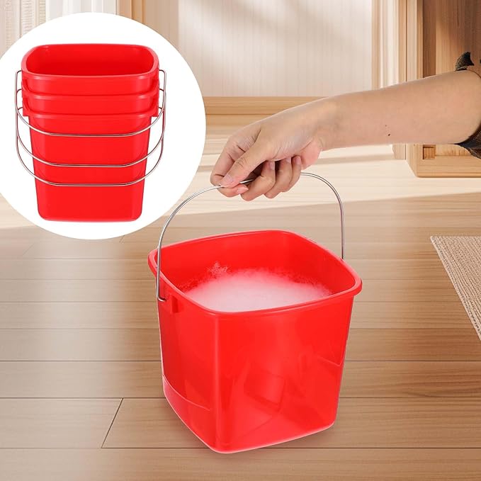 6 Pcs 3 Quart Plastic Cleaning Bucket, Small Square Detergent Pail with Handles, Utility Bucket for Home, Office, Kitchen, School, Commercial Use,（Red）