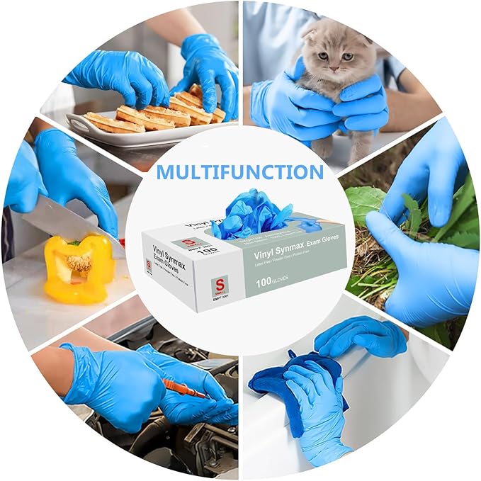 squish Disposable Gloves, Blue 4 mil Vinyl Synmax Exam Gloves Non Sterile, Powder Free, Latex Free - Cleaning Supplies, Kitchen and Food Safe(Pack of 100) (Blue Small)