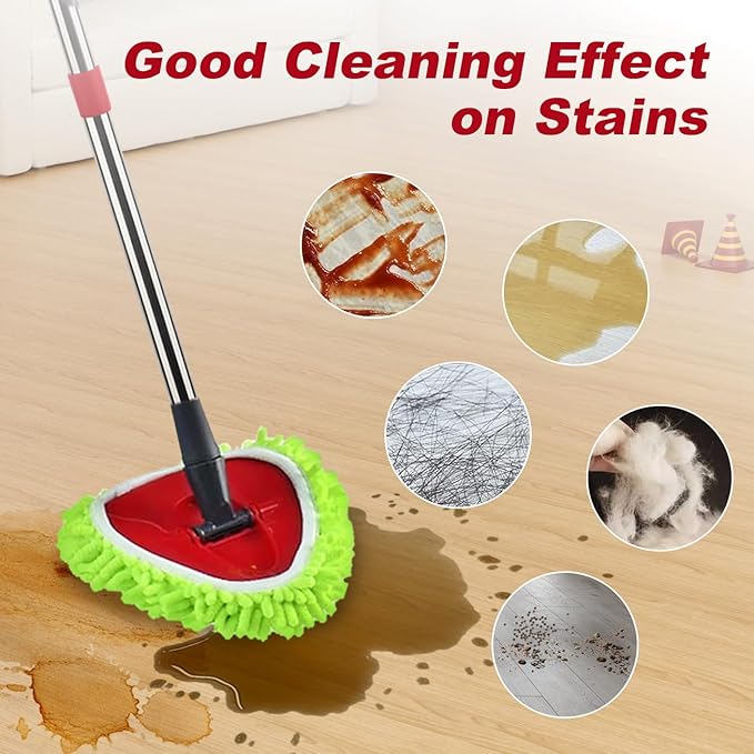 Spin Mop Head Refill for Vileda/Ocedar EasyWring Spin Mop - Rotating Triangle Replacement Pads Washable & Reusable fit All Floor - 4 Microfiber Chenille Cloth 1 Mop Base 1 Handle and 1 Brush