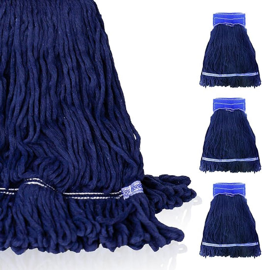 3 Pack Heavy Duty Mop Head Replacement, Blue, Cotton, Floor, Wet Mops