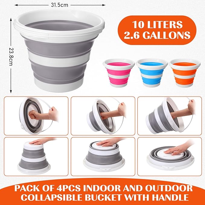 Pickmesh 4 Pcs Autumn Camping Collapsible Bucket, Small Cleaning Bucket with Handle 2.6 Gallon (10l) for Household Outdoor Car Washing Portable Camping Beach Sand Tub(Blue, Pink, Orange, Gray)