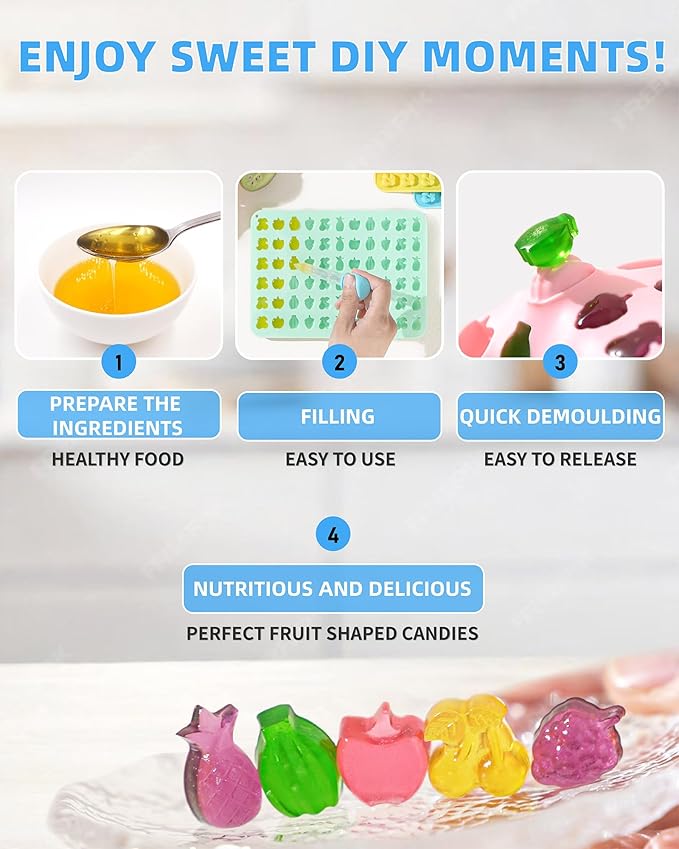 Mini Fruit Snack Molds Silicone, 5PCS Gummy Molds Trays with 2 Droppers 1 Clean Brush, Including Pineapple, Cherry, Grape, Banana, Apple Shape