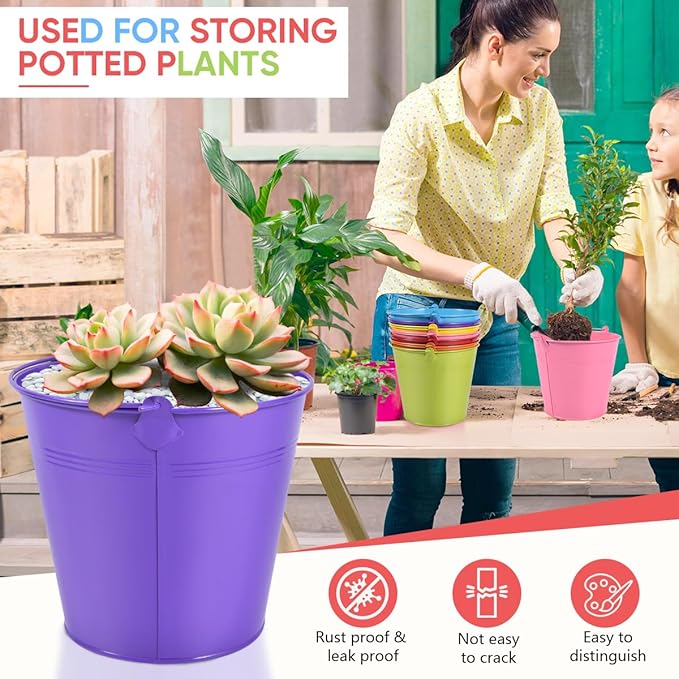 OBTANIM 7 Pack Colorful Metal Buckets with Handle Galvanized Ice Pails for Plants, Succulents, Party Favors Organizing, Rustic Home Decor or Classrooms Pencil Storage (6 x 4.4 inch)