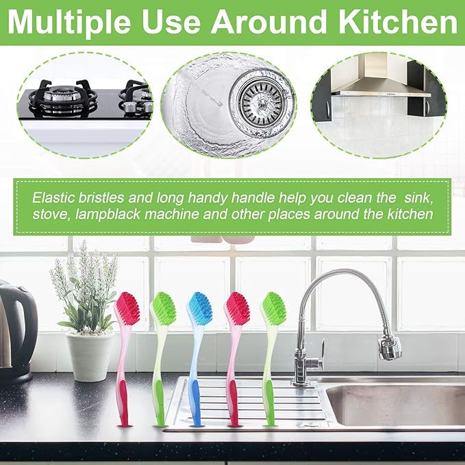 5 Pieces Long Dish Brush with Handle Assorted Color Dishwashing Brush with Suction Cup Multipurpose Scrub Cleaning Tool for Kitchen, Toilet, Etc.