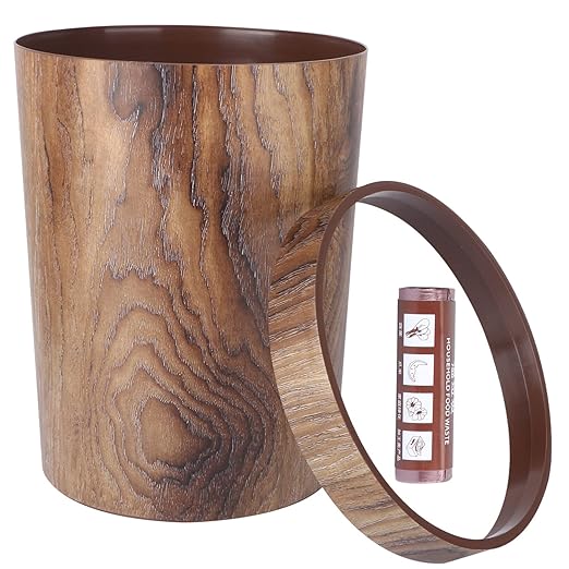 Mobestech 13 Gallon Brown Polypropylene Trash Can with Wood Grain Design