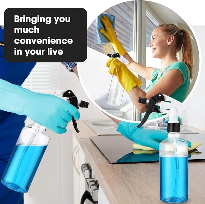 Eccliy 12 Pcs 16 Oz Plastic Spray Bottle, Adjustable Empty Reusable Sprayer for Cleaning, Planting, Water, Bathroom and Kitchen, BBQ, Commercial and Residential (Black,Clear)