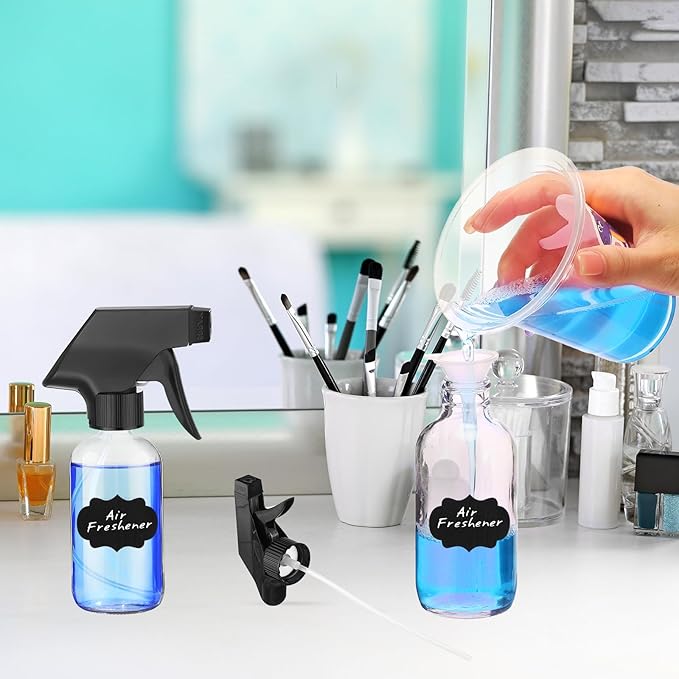 Fumete 20 Pcs 4 oz Glass Spray Bottles Empty Refillable Sprayer Containers with Funnels Labels Black Trigger Sprayers Spray Bottles for Essential Oil DIY Kitchen Hair Plants(Clear)