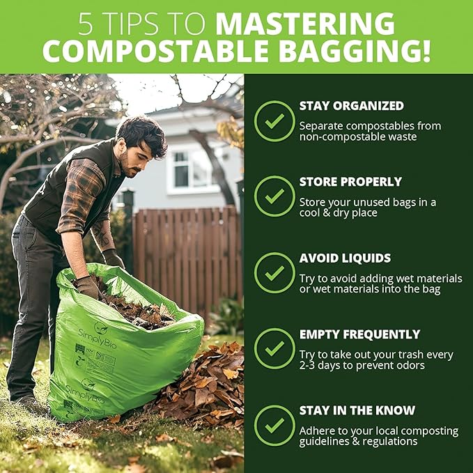 64 Gallon Compostable Trash Bags Flat-Top, Heavy Duty Extra Thick 2 Mil, 242.27 Liter, 12 Bags, Large Lawn and Yard Waste Bag, ASTM D6400, US BPI and OK Compost Home Certified