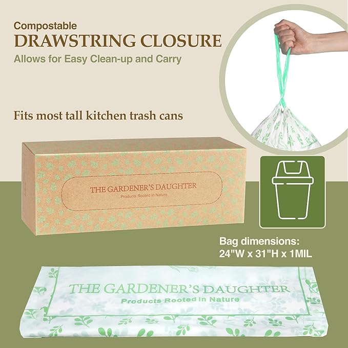 13 Gallon Compostable Trash Bags – Extra Strong, Drawstring Kitchen Bags (30 Count, White) | Leak-Proof, BPI & TUV Certified, Home Compostable – Evergreen by The Gardener's Daughter