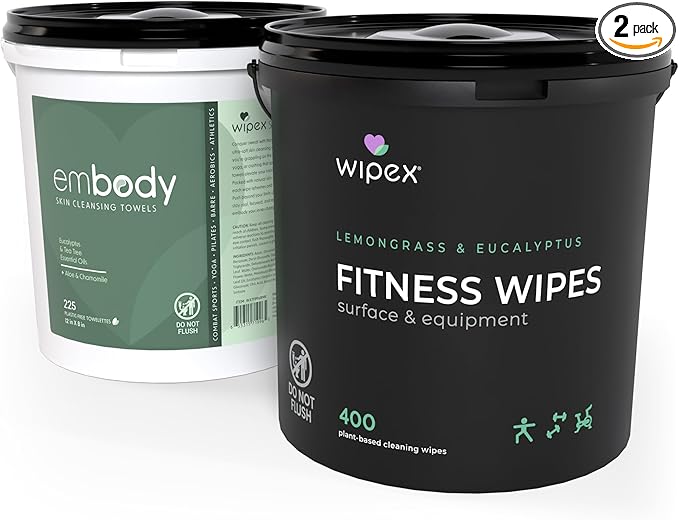 Wipex Gym Cleaning Wipes Bundle - Get (1) 400ct Lemongrass Surface Wipes & (1) 225ct Body Cloths for After Workout, Plant-Based Fitness Equipment Wipes, Clean Surfaces & Mats and Peloton Bike