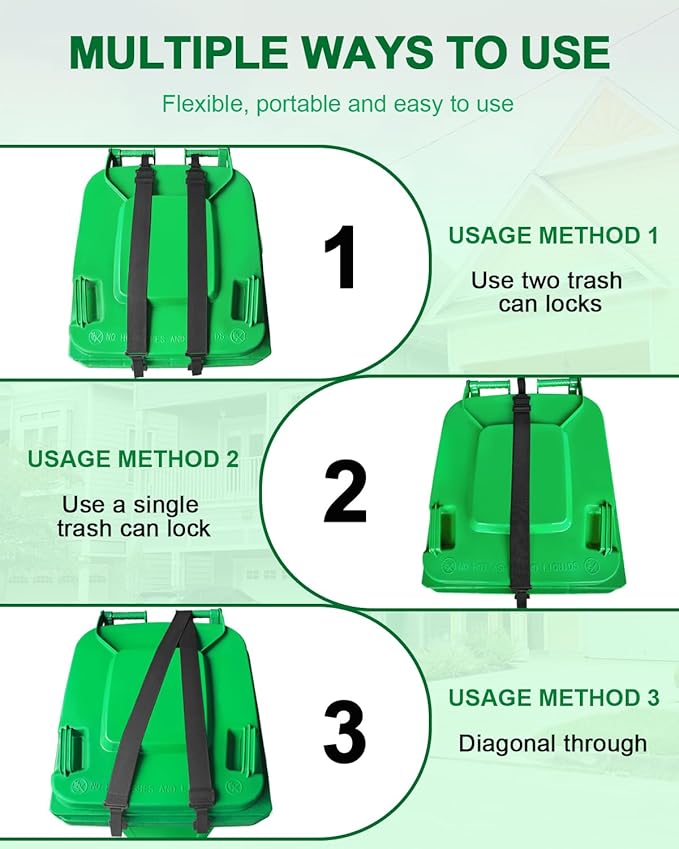 2 PCS Adjustable Double Claw Trash Can Lock Strap to Prevent Raccoons, Dogs, Mice and Other Small Animals From Rummaging, Garbage Can Lid Lock Keeps Lid Securely in Place in Strong Winds