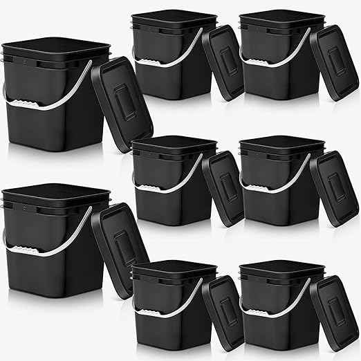Mumufy 8 Pcs 3.5 Gallon Square Food Grade Bucket with Lid Square Bucket Pail with Plastic Handles for Storing Dry Food, Charcoal, Camping, Fishing (Black)