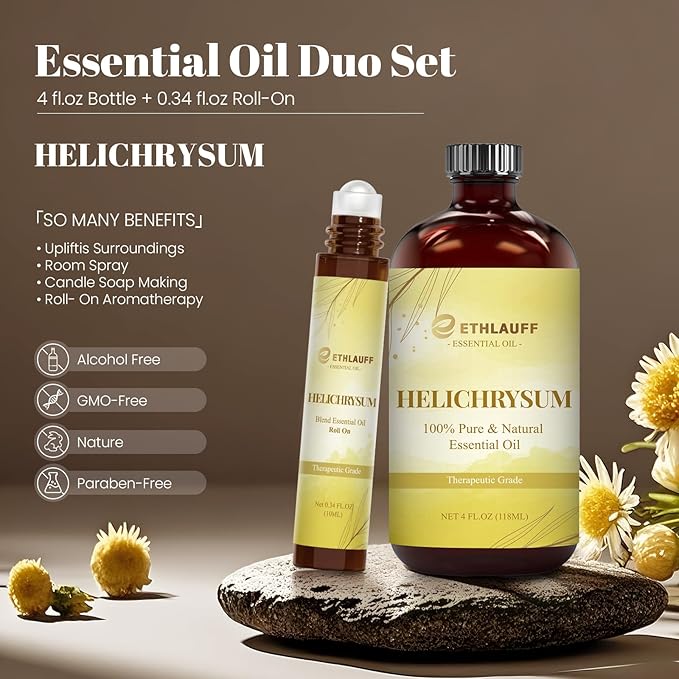 Helichrysum Essential Oil (4 fl.oz Bottle + 0.34 fl.oz Roll-On) — Helichrysum Oils for Aromatherapy, Diffusers, Humidifiers, Home fragrances, DIY Skincare, Candle, Soap Making, Relaxation, Yoga