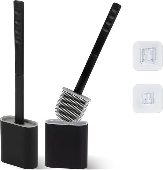 Silicone Black Toilet Brush Sets and Holder – Pack of 2 Wall Mounted Toilet Brush – Long Non-Slip Handle, Flexible Bristles for Easy Cleaning – Modern Toilet Scrubber Brush