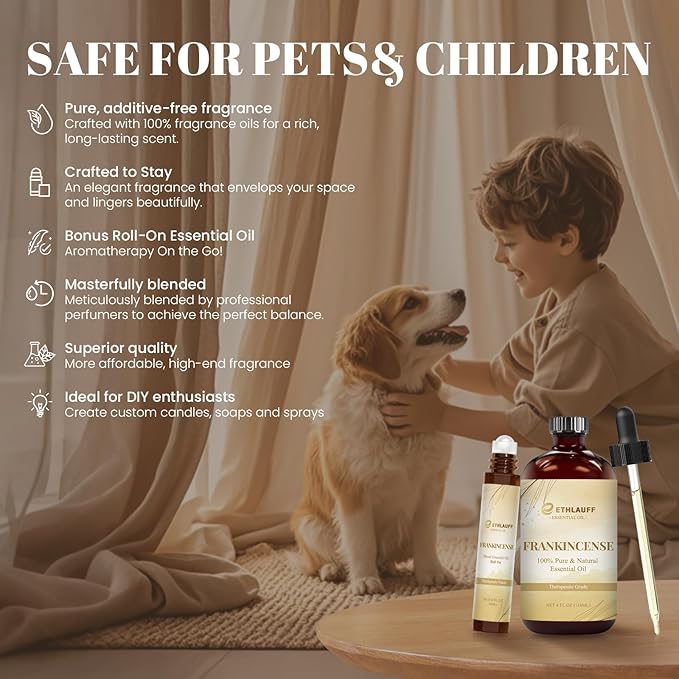 Frankincense Essential Oil (4 fl.oz Bottle + 0.34 fl.oz Roll-On) — Frankincense Oils for Aromatherapy, Diffusers, Humidifiers, Home fragrances, DIY Skincare, Candle, Soap Making, Relaxation, Yoga