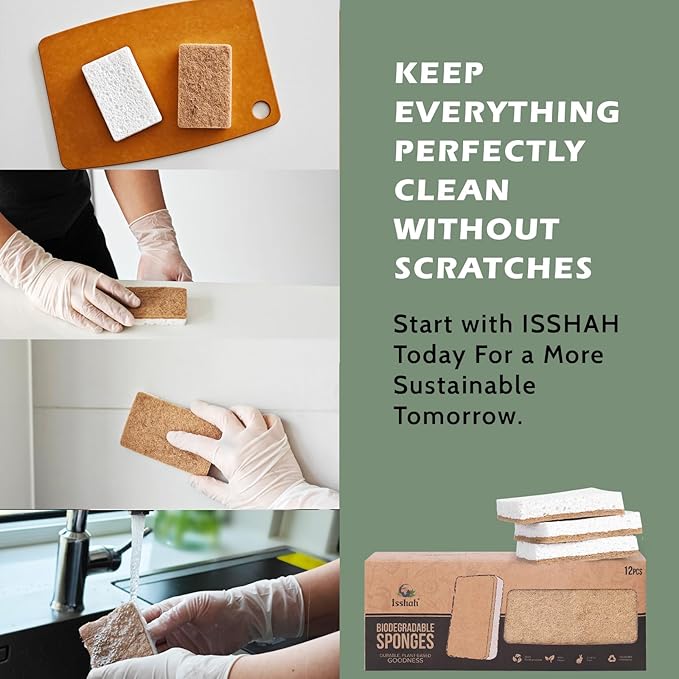 Plant-Based Kitchen Sponges - Natural, Eco-Friendly, Biodegradable Sisal Hemp Sponges for Dishes, Cleaning Sponge for Kitchen, Bathroom, Household - 24 Count