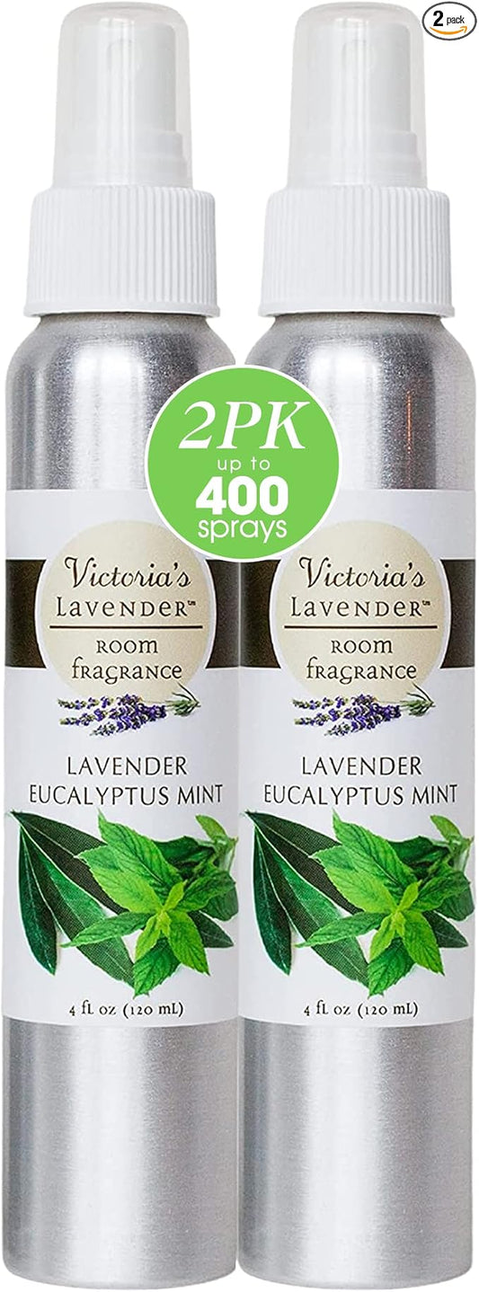 Victoria's Lavender Room Spray - All Natural Home Fragrance, Made in the USA with Pure Essential Oil Air Freshener & Odor Eliminator, Relaxing Scent, 2pk Lavender Eucalyptus Mint, 4oz each
