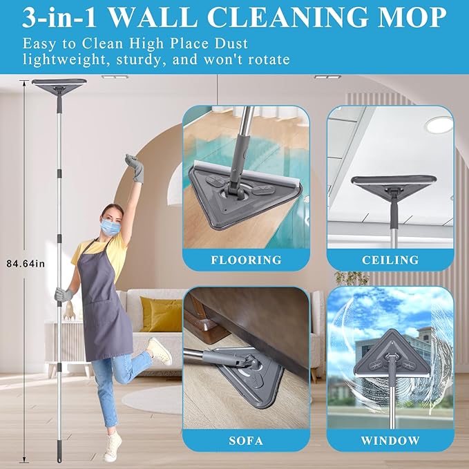 Microfiber Duster Kit 27pcs with 30 to 100 Inches Extension Pole and Wall Cleaner Mop, Washable and Bendable Feather Duster for Cleaning Ceiling Fans, High Ceilings, Cobwebs, Blinds, Grey