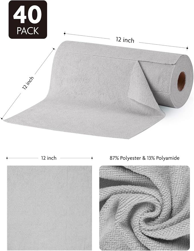 Fantasticlean Microfiber Cleaning Cloth Roll -40 Pack, Tear Away Microfiber Towels, 12" x 12", Reusable, Washable, Scratch Free, Ultra Absorbent Dishcloth for Car, Home Supplies, Pet, Kitchen (Grey)