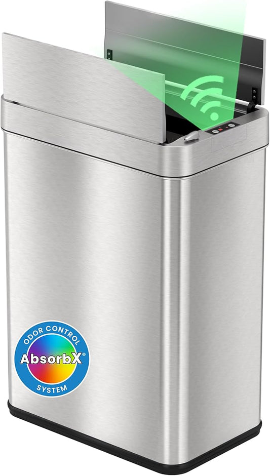 iTouchless 50 Liter / 13 Gallon Wings-Open Lid Sensor Kitchen Trash Can with Odor Filter – Dog-Proof Slim Automatic Stainless Steel Garbage Recycling Bin for Home, Office, Bedroom, Business or Garage