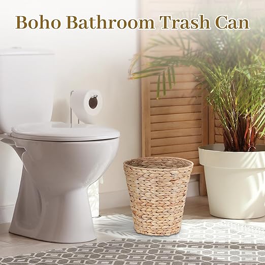Boho Wicker Trash Can with Lid,Waterproof Bathroom Trash Can Hand Woven Wicker Waste Baskets for Kitchen Office Bedroom