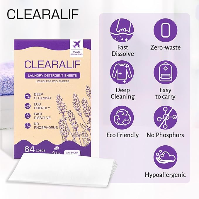 CLEARALIF Laundry Detergent Sheets, Lavender, 64 Load, CLEARALIF Laundry Detergent Strips Eco Friendly & Hypoallergenic