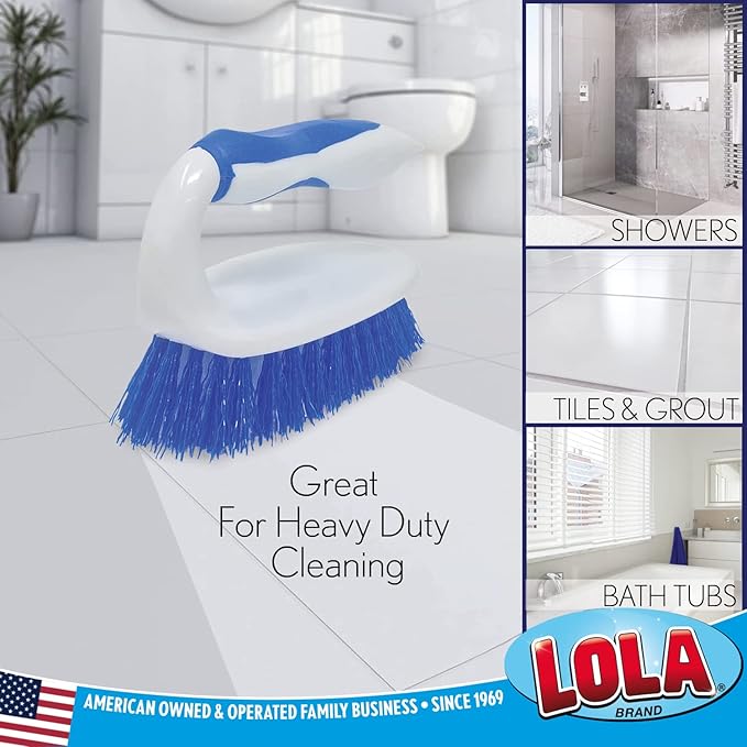LOLA Iron Shaped Handled Scrub Brush, Ergonomic Handle, No Slip Grip, Fiber Bristles, Heavy Duty Tile & Floor Cleaner, 1 Pack
