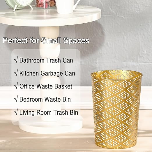 Metal Gold Trash Can, Modern Cylindrical Gold Garbage Can, Metal Waste Basket for Office Bathroom Bedroom & Small Spaces, 7.28" D x 10" H