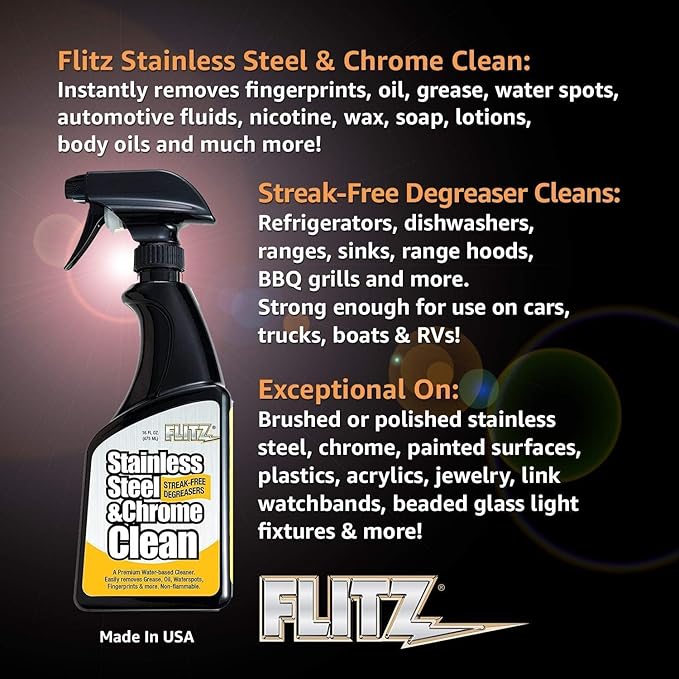 Flitz Stainless Steel & Chrome Clean - 16oz Bottle, USA-Made Stainless Steel Cleaner Spray for Appliances - Grill, Fridge, Sink Stain Remover - Also Works on Aluminum Surfaces (1 Pack)