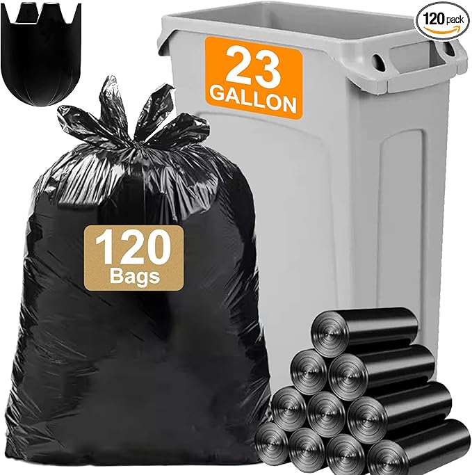 23 Gallon Heavy Duty Slim Jim Trash Bags (120 Count) 1.2 MIL THICK with Twist Ties Compatible with Rubbermaid Brute & Winco 23 Gallon Slim Jim Trash Bags Sturdy & Tear-Resistant HEAVY DUTY