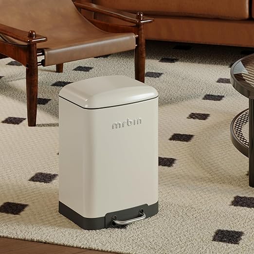 MRBIN Bathroom Trash Can with Lid, Metal Step Small Kitchen Waste Basket Touchless Soft Close, 12L / 3.2gal Rectangle Garbage Bucket with Stainless Steel Pedal for Office, Bedroom Accessories, White