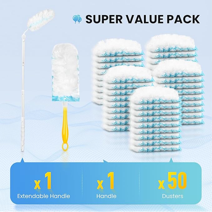 Duster Kit for Swiffer Duster Refill: 50 Heavy Duty Refills + 2 Handles | 3X Grip & Static Tech | Car, Furniture & Electronics Dry Cleaning